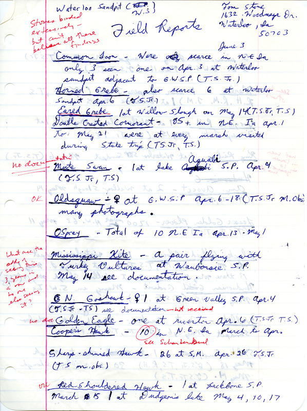 List of birds and locations contributed by Tom Stone. This item was used as supporting documentation for the Iowa Ornithologists Union Quarterly field report of spring 1980.