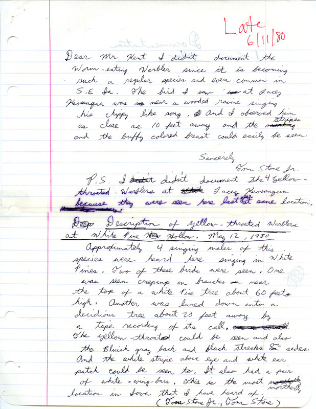 Field notes contributed by Tom Stone, Jr. in a letter to Thomas H. Kent with observer Tom Stone. This item was used as supporting documentation for the Iowa Ornithologists Union Quarterly field report of spring 1980.