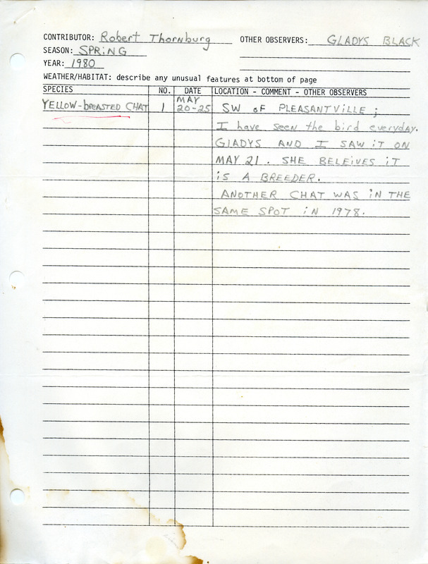 Bird and location note contributed by Robert E. Thornburg with observer Gladys Black. The bird sighted is a Yellow-breasted Chat. This item was used as supporting documentation for the Iowa Ornithologists Union Quarterly field report of spring 1980.