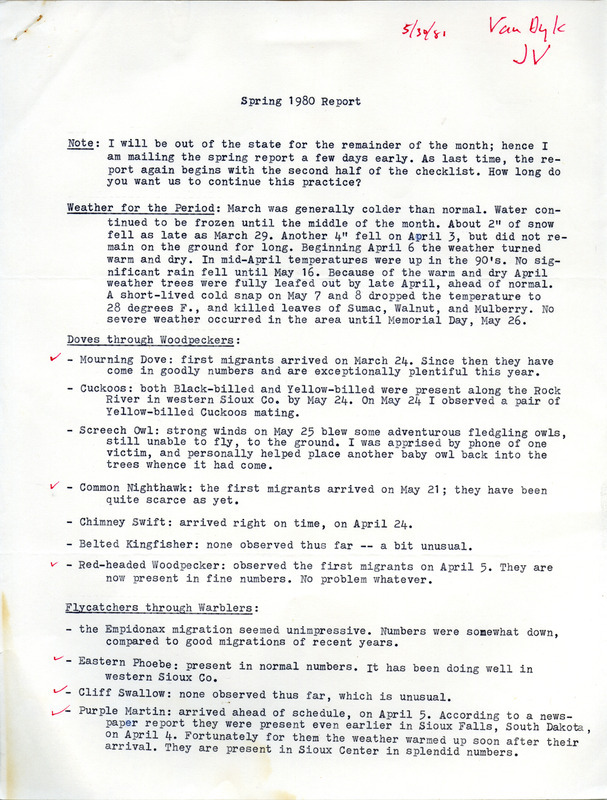 List of birds and locations contributed by John Van Dyk. This item was used as supporting documentation for the Iowa Ornithologists Union Quarterly field report of spring 1980.