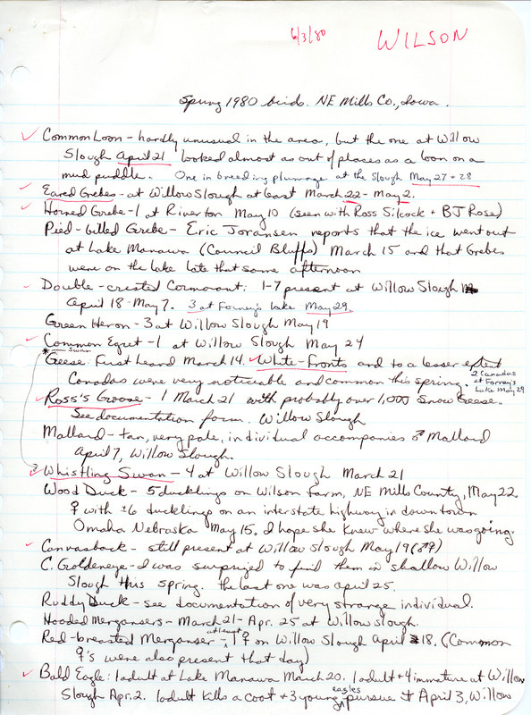 List of birds and locations contributed by Barbara L. Wilson. This item was used as supporting documentation for the Iowa Ornithologists Union Quarterly field report of spring 1980.