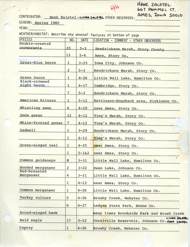 List of birds and locations contributed by Hank Zaletel and Linda Zaletel. This item was used as supporting documentation for the Iowa Ornithologists Union Quarterly field report of spring 1980.