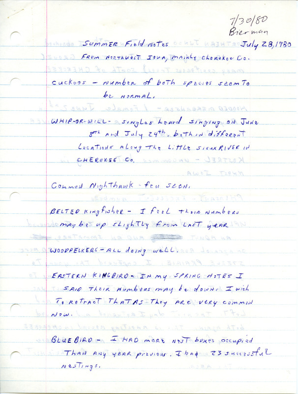 List of birds and locations contributed by Dick Bierman. This item was used as supporting documentation for the Iowa Ornithologists Union Quarterly field report of summer 1980.