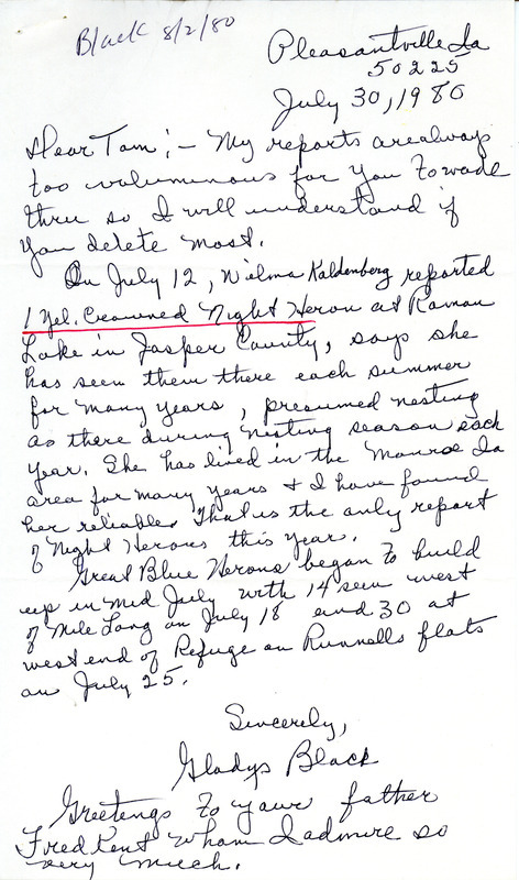 Field notes contributed by Gladys Black in a letter to Thomas H. Kent, July 30, 1980. This item was used as supporting documentation for the Iowa Ornithologists Union Quarterly field report of summer 1980.