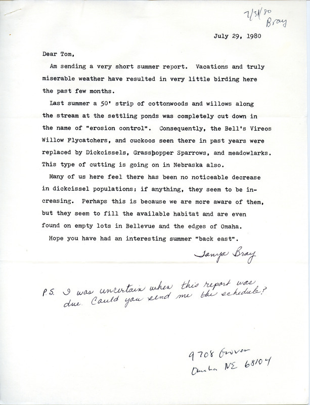 Field notes contributed by Tanya Bray in a letter to Thomas H. Kent, July 29, 1980 with observers Sandra Kovanda, Babs Padelford and Loren Padelford. This item was used as supporting documentation for the Iowa Ornithologists Union Quarterly field report of summer 1980.