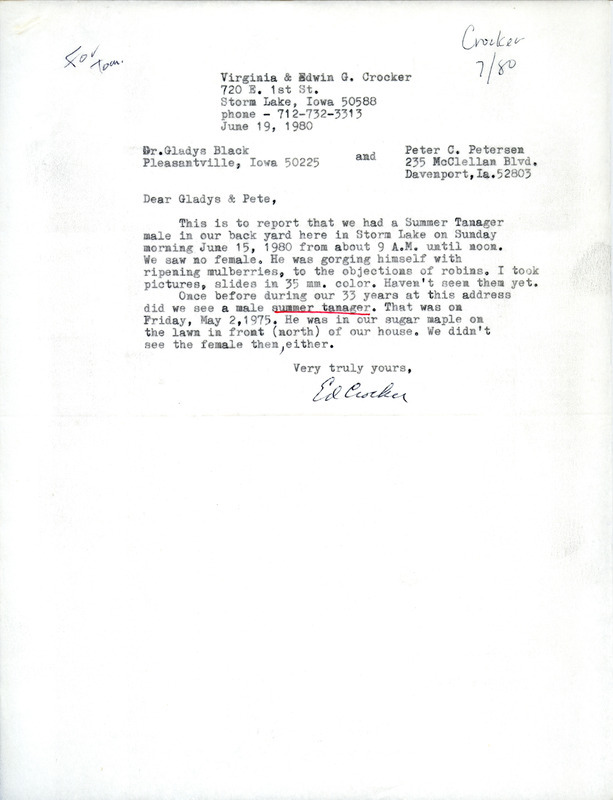 Field notes contributed by Edwin G. Crocker in a letter to Gladys Black and Peter C. Petersen regarding his sighting of a Summer Tanager. This item was used as supporting documentation for the Iowa Ornithologists Union Quarterly field report of summer 1980.