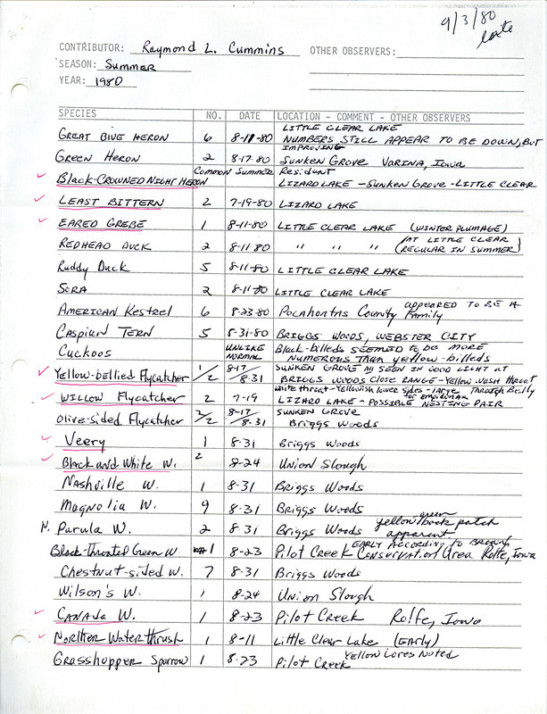 List of birds and locations contributed by Raymond L. Cummins. This item was used as supporting documentation for the Iowa Ornithologists Union Quarterly field report of summer 1980.