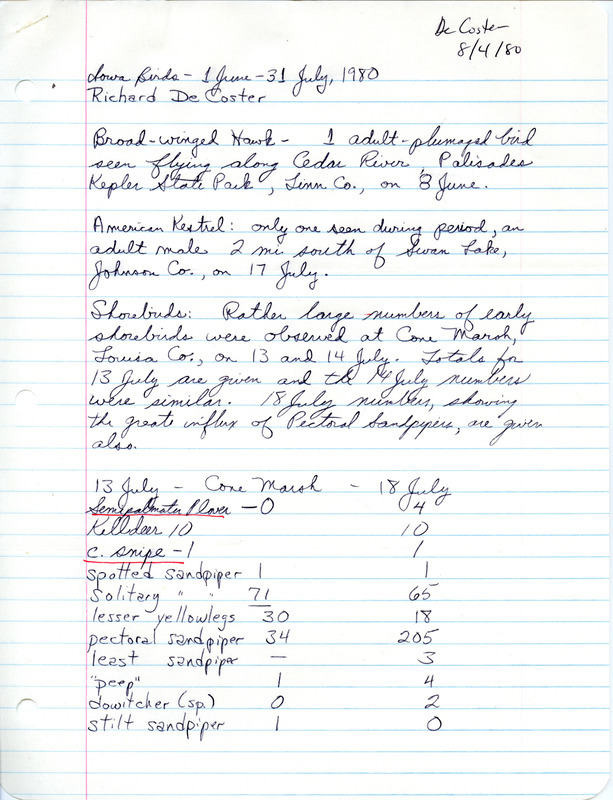 List of birds and locations contributed by Rich DeCoster. This item was used as supporting documentation for the Iowa Ornithologists Union Quarterly field report of summer 1980.