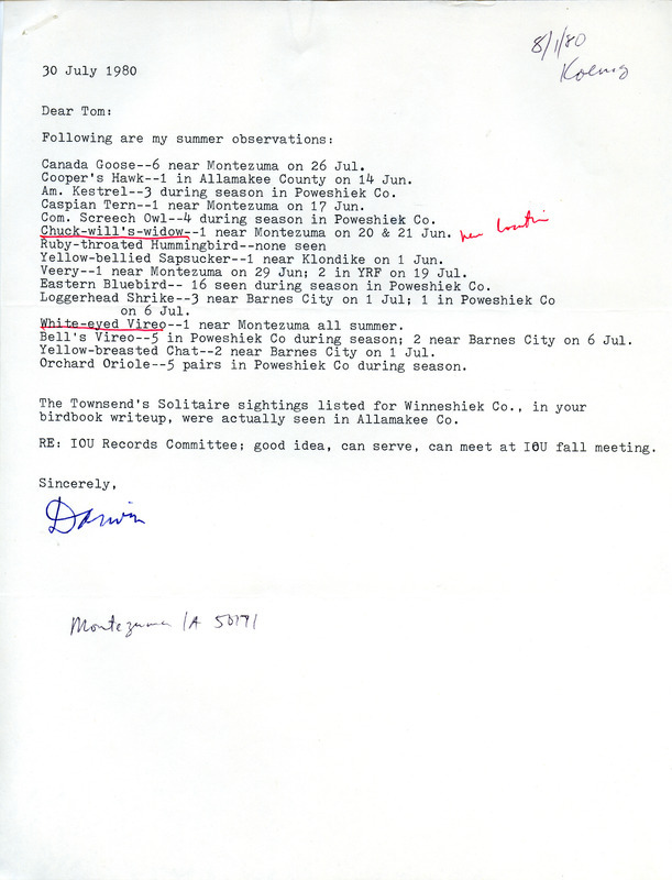 Field notes contributed by Darwin Koenig in a letter to Thomas H. Kent, July 30, 1980. This item was used as supporting documentation for the Iowa Ornithologists Union Quarterly field report of summer 1980.