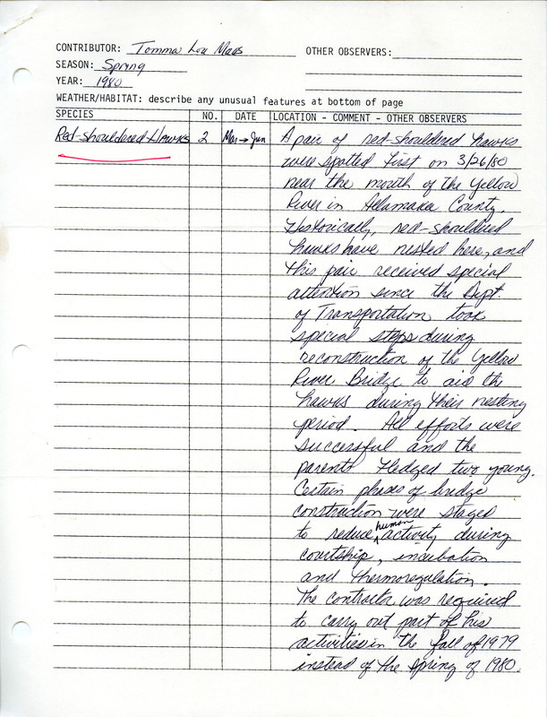 List of birds and locations contributed by Tomma Lou Maas with observer Randy Maas. The field notes include detailed observations. This item was submitted past the deadline for the Iowa Ornithologists Union Quarterly Report of spring 1980.