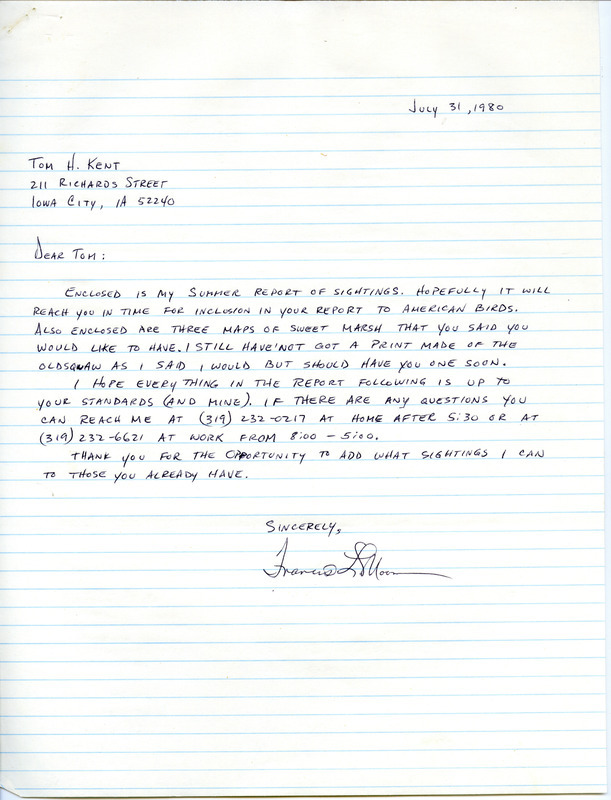 Field notes contributed by Francis L. Moore in a letter to Thomas H. Kent July 31, 1980 with observer Robert K. Myers. This item was used as supporting documentation for the Iowa Ornithologists Union Quarterly field report of summer 1980.