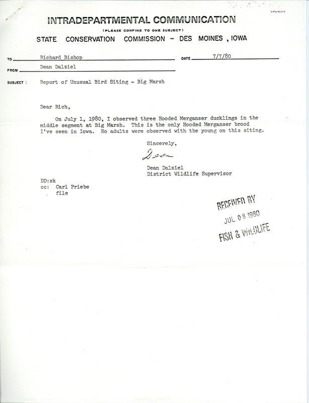 Dean Dalziel letter to Richard Bishop regarding unusual bird sighting, July 7, 1980. Three Hooded Merganser ducklings were sighted in the middle segment of Big March Wildlife Area. No adults were observed with the young at the time of the sighting. This item was used as supporting documentation for the Iowa Ornithologists Union Quarterly field report of summer 1980.