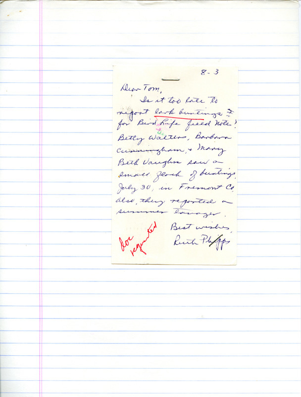 Field notes contributed by Ruth Phipps in a letter to Thomas H. Kent, August 3, 1980 with observers Betty Walters, Barbara Cunningham and Mary Beth Vaughn. This item was used as supporting documentation for the Iowa Ornithologists Union Quarterly field report of summer 1980.