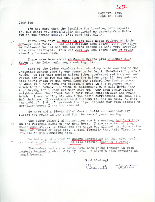 Field notes contributed by Charlotte Scott in a letter to Thomas H. Kent, September 12, 1980. This item was submitted past the deadline for the Iowa Ornithologists' Union Quarterly field report of summer 1980.