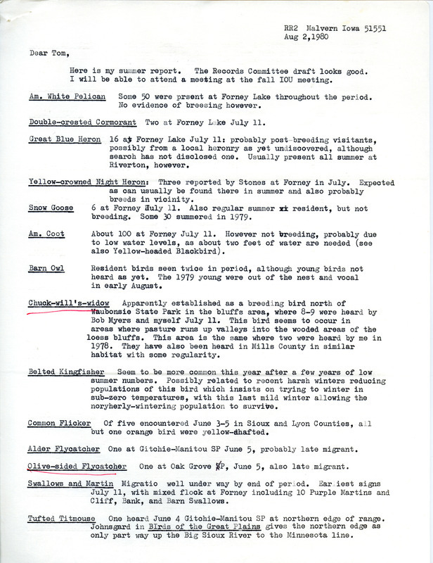 Field notes contributed by W. Ross Silcock in a letter to Thomas H. Kent, August 2, 1980. This item was used as supporting documentation for the Iowa Ornithologists Union Quarterly field report of summer 1980.