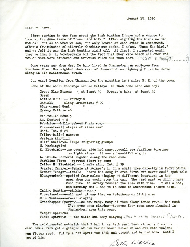 Field notes contributed by Betty Walters in a letter to Thomas H. Kent, August 13, 1980. This item was used as supporting documentation for the Iowa Ornithologists Union Quarterly field report of summer 1980.