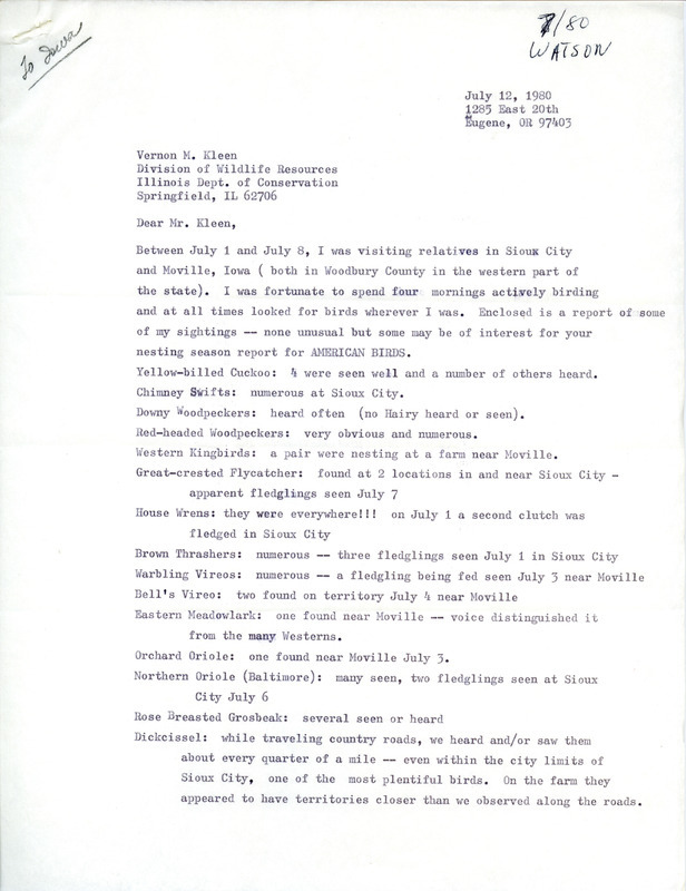 Field notes contributed by Clarice Watson in a letter to Vernon M. Kleen, July 12, 1980. This item was used as supporting documentation for the Iowa Ornithologists Union Quarterly field report of summer 1980.