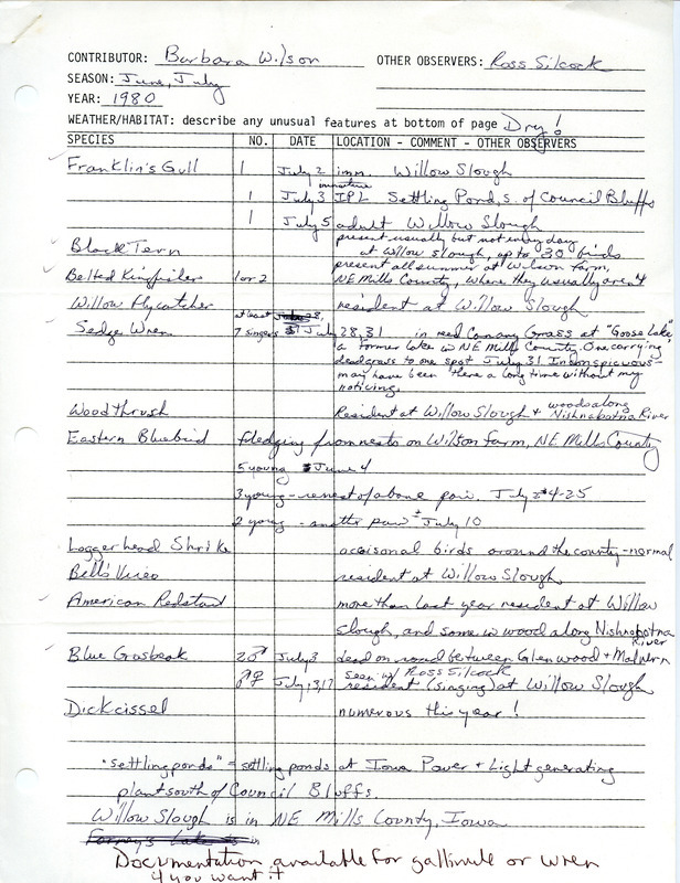 List of birds and locations contributed by Barbara L. Wilson with observer W. Ross Silcock. This item was used as supporting documentation for the Iowa Ornithologists Union Quarterly field report of summer 1980.