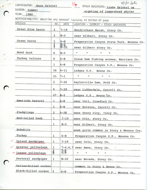 List of birds and locations contributed by Hank Zaletel. This item was submitted past the deadline for the Iowa Ornithologists Union Quarterly field report of summer 1980.