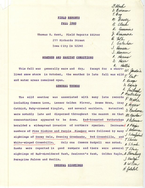 Quarterly field report for the Fall of 1980 titled "Field Reports, Fall 1980." A list of birds and locations compiled by Thomas H. Kent, Field Reports Editor. This report notes what may be the first tangible evidence of a Brant in Iowa, the first verified sighting of a Curve-billed Thrasher, and announces the retirement of Vernon Kleen after ten years as Regional Editor of the Middlewestern Prairie Region.