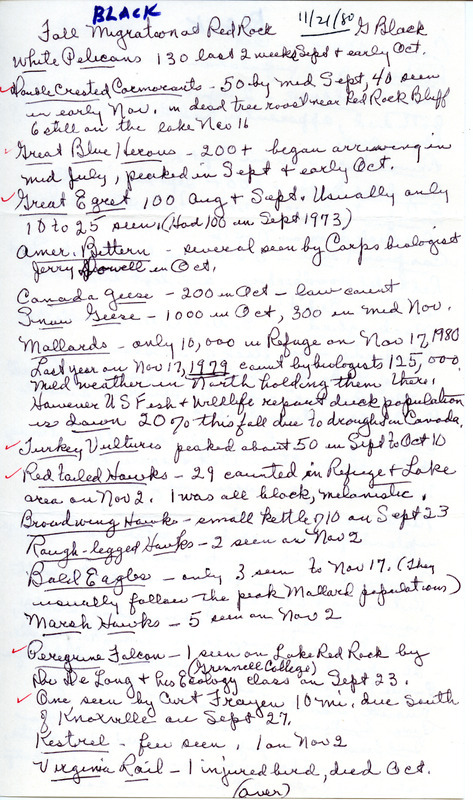 Field notes contributed by Gladys Black listing birds seen around the Red Rock area during the fall of 1980. This item was used as supporting documentation for the Iowa Ornithologists Union Quarterly field report of fall 1980.