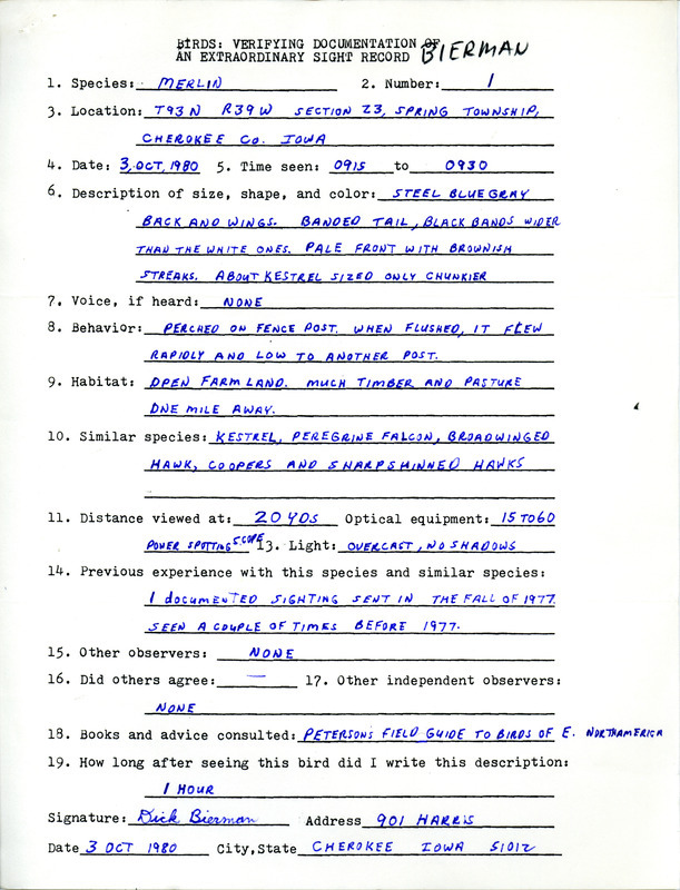 Dick Bierman documents the sighting of a Merlin in Cherokee County. He previously documented a Merlin sighting in the Fall of 1977. This item was used as supporting documentation for the Iowa Ornithologists Union Quarterly field report of Fall 1980.