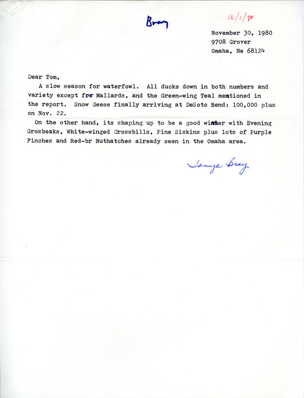 Tanya Bray letter to Thomas Kent contains an annotated list of birds seen around DeSoto Bend and other areas of western Iowa during the fall of 1980. This item was used as supporting documentation for the Iowa Ornithologists Union Quarterly field report of Fall 1980.