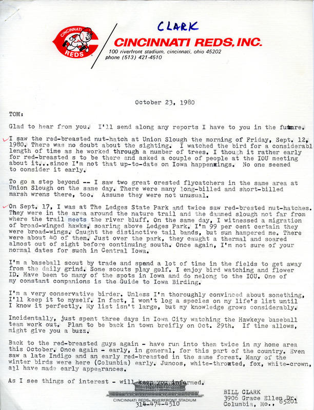 Bill Clark follows up his previous letter from September 15, 1980 by providing additional details of his bird sightings at Union Slough, along with new sightings from Ledges State Park. This item was used as supporting documentation for the Iowa Ornithologists Union Quarterly field report of Fall 1980.