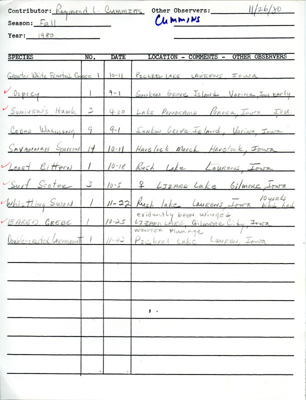 An annotated bird sighting list for Fall from Raymond L. Cummins, dated November 26, 1980. This item was used as supporting documentation for the Iowa Ornithologists Union Quarterly field report of Fall 1980.