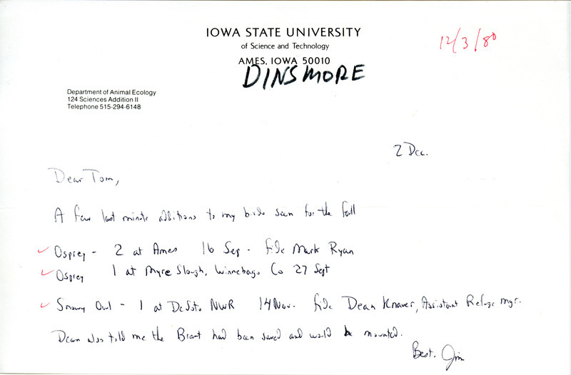 Jim Dinsmore note updates his letter from November 19, 1980 with details about Osprey and Snowy Owl sightings. This item was used as supporting documentation for the Iowa Ornithologists Union Quarterly field report of Fall 1980.