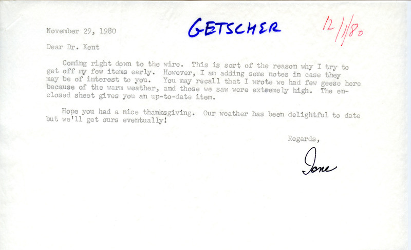 Jane Getscher letter mentions warm weather and focuses on Geese and other recent sightings. This item was used as supporting documentation for the Iowa Ornithologists Union Quarterly field report of Fall 1980.