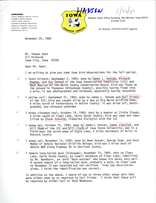 James L. Hansen letter contains a list of birds sighted including the dates, locations and people involved. This item was used as supporting documentation for the Iowa Ornithologists Union Quarterly field report of Fall 1980.