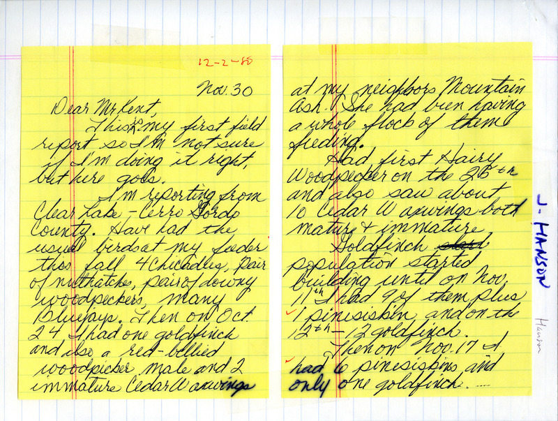 Carol Hanson letter contains her first field report consisting of sightings around the Clear Lake area. This item was used as supporting documentation for the Iowa Ornithologists Union Quarterly field report of Fall 1980.