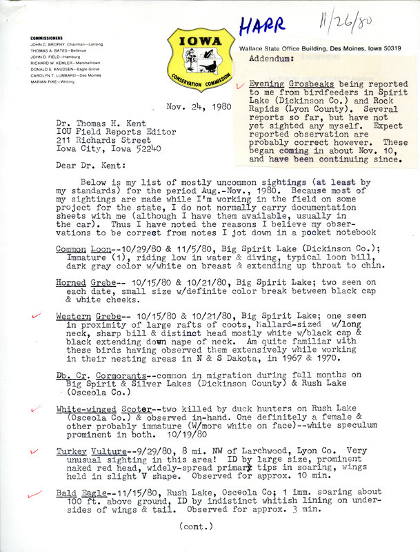 Doug Harr letter contains a list of mostly uncommon sightings made including dates and locations. Since he usually working in the field when sighting birds he typically does not have documentation sheets with him and makes notes in a pocket notebook. This item was used as supporting documentation for the Iowa Ornithologists Union Quarterly field report of Fall 1980.