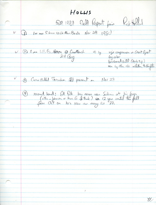 Rick Hollis submits a report of birds he has sighted, and also mentions that Ed Folk has seen Siskins on his farm for the first time in 12 years. This item was used as supporting documentation for the Iowa Ornithologists Union Quarterly field report of Fall 1980.