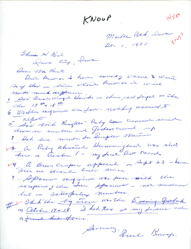 Pearl Knoop letter reports bird sightings and observations from Marble Rock. This item was used as supporting documentation for the Iowa Ornithologists Union Quarterly field report of Fall 1980.