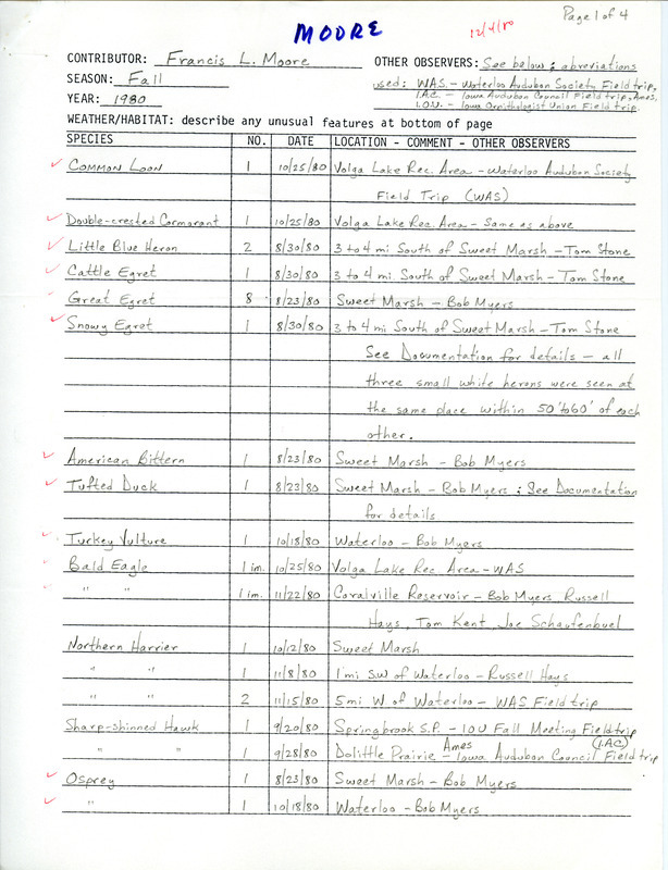 Francis L. Moore provides an annotated list of birds sighted by himself and others primarily during organized field trips. This item was used as supporting documentation for the Iowa Ornithologists Union Quarterly field report of Fall 1980.