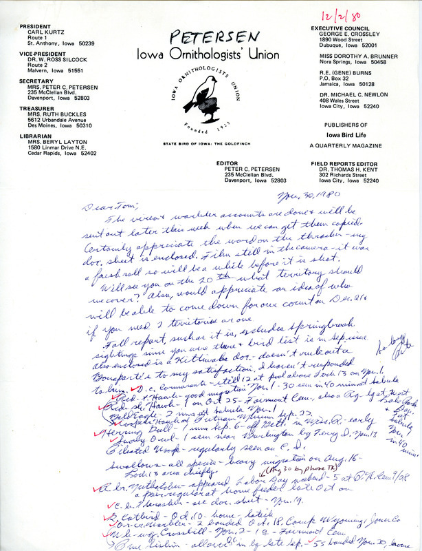 Peter C. Peterson letter reports that the Vireo and Warbler accounts are done and includes a list of Fall bird sightings. This item was used as supporting documentation for the Iowa Ornithologists Union Quarterly field report of Fall 1980.