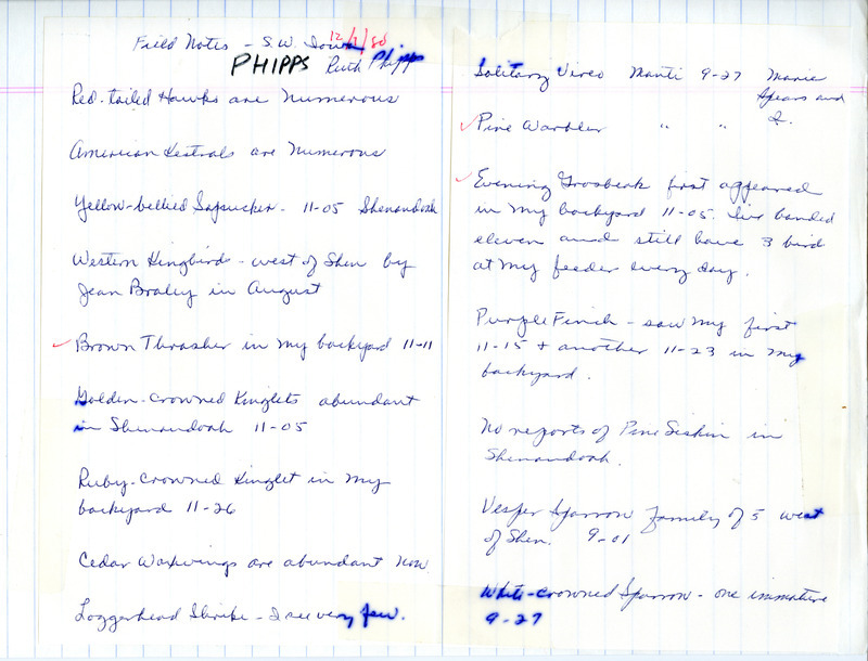 A list of birds sighted by Ruth Phipps and others around Shenandoah. This item was used as supporting documentation for the Iowa Ornithologists Union Quarterly field report of Fall 1980.