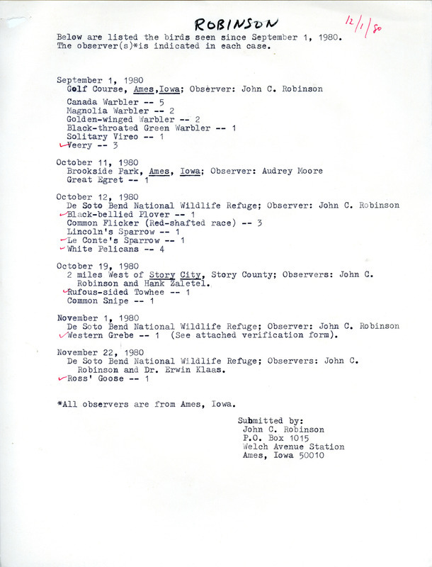 An annotated list of birds sighted by John C. Robinson and others. This item was used as supporting documentation for the Iowa Ornithologists Union Quarterly field report of Fall 1980.