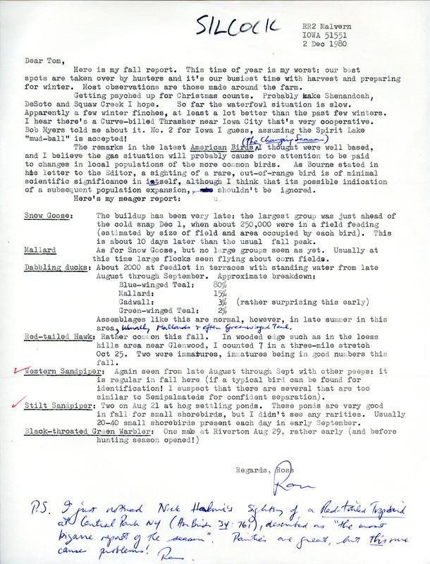 Ross Silcock provides an annotated list of birds he sighted for Fall 1980. Most observations were made around the farm since he's busy with harvest and hunters take over the best spots this time of year. He also discusses a couple of articles from American Birds. This item was used as supporting documentation for the Iowa Ornithologists Union Quarterly field report of Fall 1980.