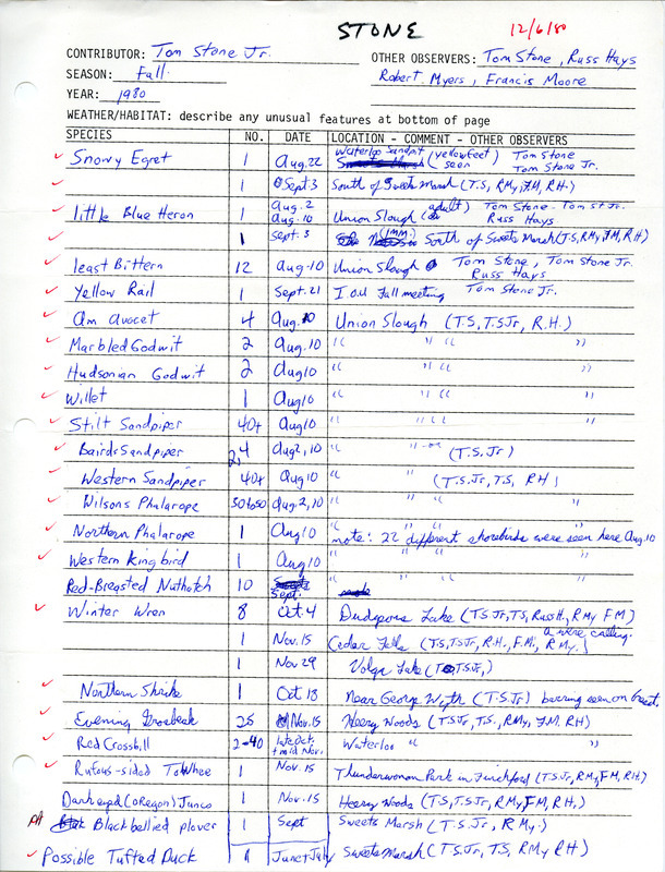 A list of birds sighted by Tom Stone Jr. and others. This item was used as supporting documentation for the Iowa Ornithologists Union Quarterly field report of Fall 1980.