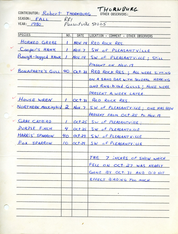 A list of birds sighted by Robert Thornburg around Pleasantville. He also notes that 7 inches of snow fell on October 27 but had melted by October 31. This item was used as supporting documentation for the Iowa Ornithologists Union Quarterly field report of Fall 1980.