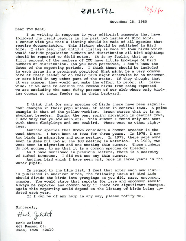 Hank Zaletel letter discusses grouping birds into lists of rare, uncommon, and common and the reporting guidelines for each group. This item was used as supporting documentation for the Iowa Ornithologists Union Quarterly field report of Fall 1980.