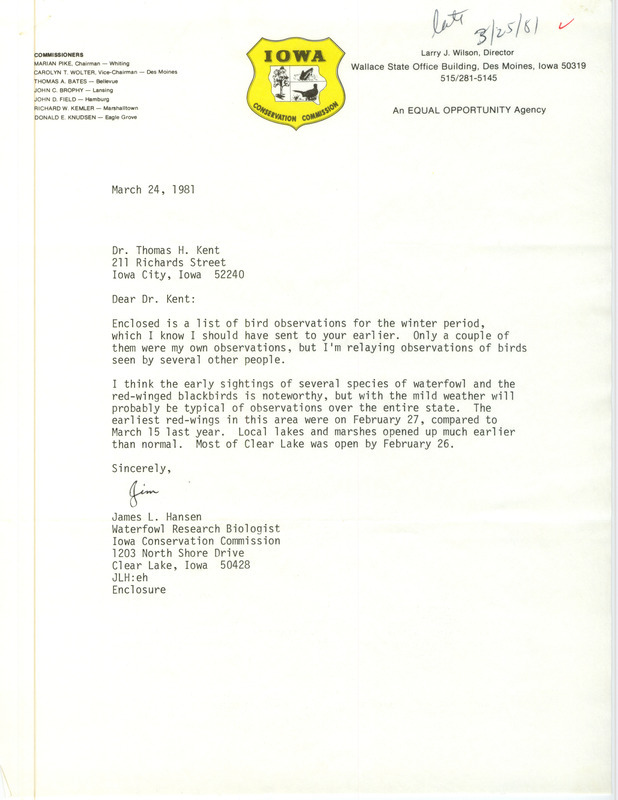 James L. Hansen letter remarks on the mild weather and notes the early appearance of Red-winged Blackbirds. An annotated list is included of birds people have reported sighting in Northern Iowa. This item was used as supporting documentation for the Iowa Ornithologists Union Quarterly field report of winter 1980-1981.