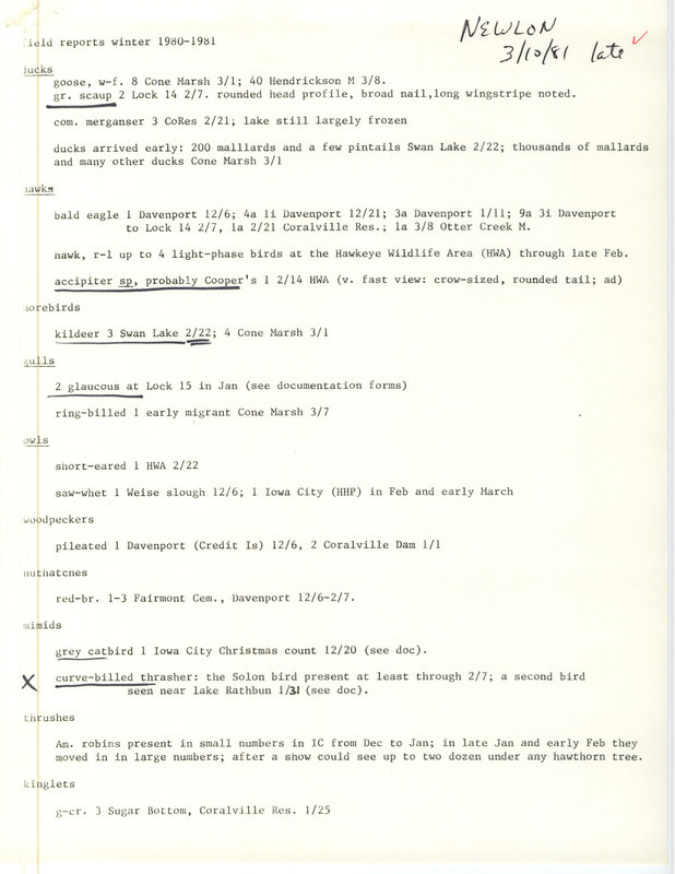 Michael C. Newlon contributes a list of birds sighted annotated with dates and locations. This item was used as supporting documentation for the Iowa Ornithologists Union Quarterly field report of winter 1980-1981.