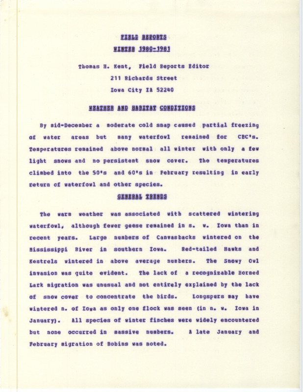 Quarterly field report for the winter of 1980-1981 titled "Field reports winter, 1980-1981." Thomas H. Kent, Field Reports Editor, notes that warm weather brought an early return of waterfowl and other species. The 1980 summary yields a total of 287 species reported, four fewer than 1979.