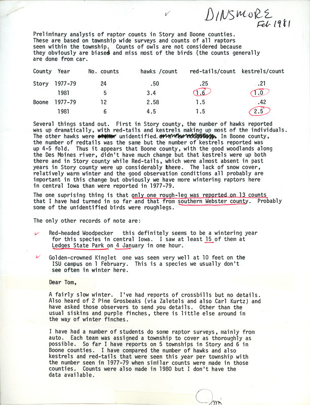 An initial summary of raptor surveys carried out by students, mainly from cars; this note also includes a couple of other bird sightings. This item was used as supporting documentation for the Iowa Ornithologists Union Quarterly field report of winter 1980-1981.