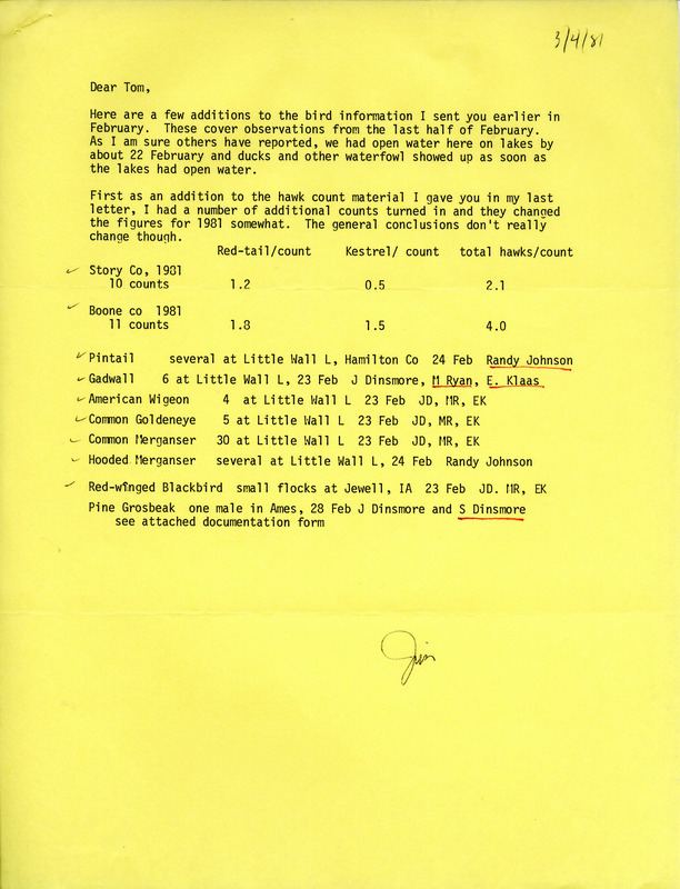 This letter updates the Jim Dinsmore report on the raptor survey for Story and Boone Counties and also includes additional sightings by Jim Dinsmore and others. This item was used as supporting documentation for the Iowa Ornithologists Union Quarterly field report of winter 1980-1981.