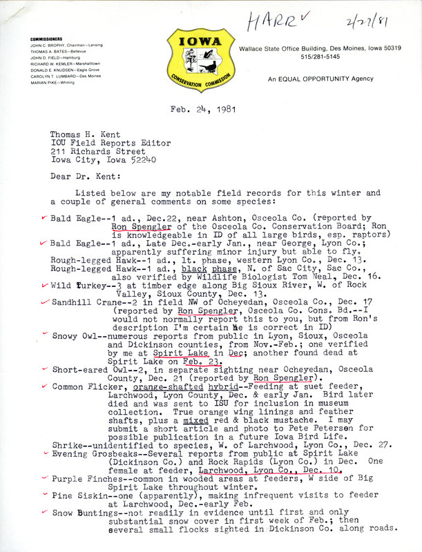 Douglas C. Harr letter contains an annotated list of birds sighted by himself and others. This item was used as supporting documentation for the Iowa Ornithologists Union Quarterly field report of winter 1980-1981.